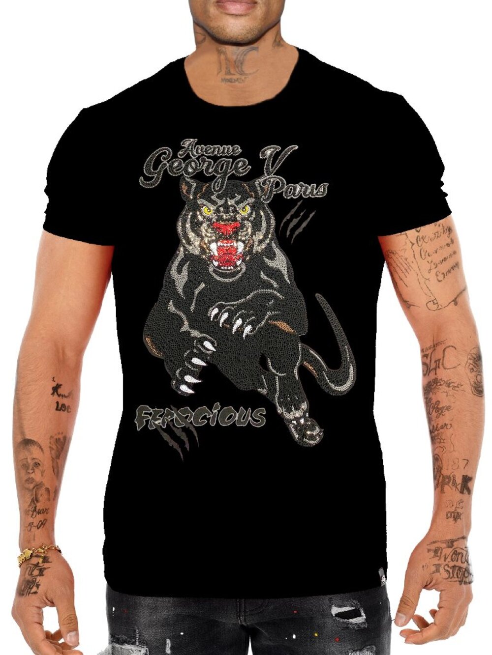 Avenue George V Paris T-Shirt rhinestone black panther men’s Black Tee Small NWT